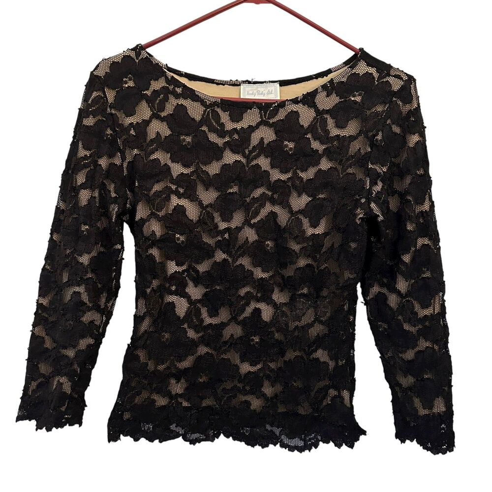 Hanky Panky Ltd. Black Floral‎ Lace Lined Scoop Neck Long Sleeve Shirt Size S